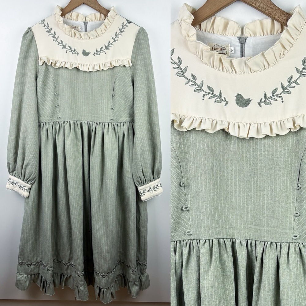 Boho Cottagecore Midi Dress in Sage Green and Cream